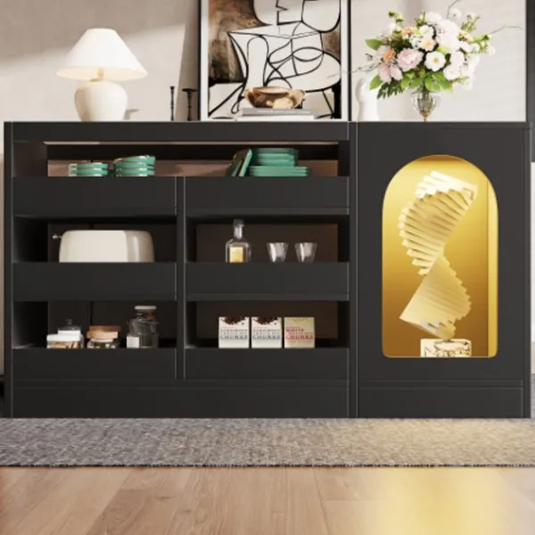Byråer>Modern svart byrå med LED-belysning – byrå med 6 lådor för vardagsrum och matsal