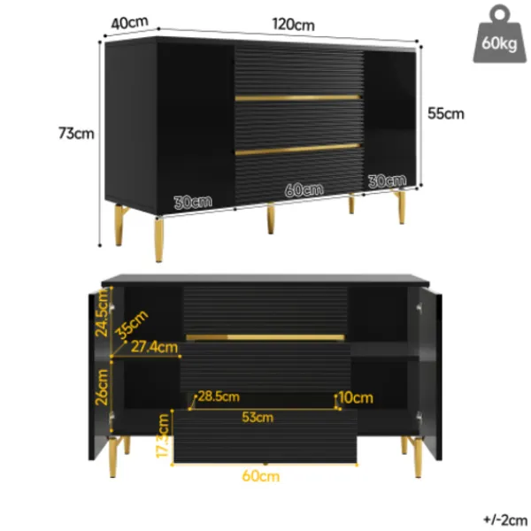 Sideboards>Modern svart byrådesign – matsal med gulddetaljer, 3 lådor