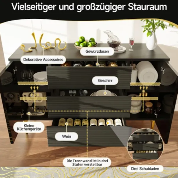 Sideboards>Modern svart byrådesign – matsal med gulddetaljer, 3 lådor