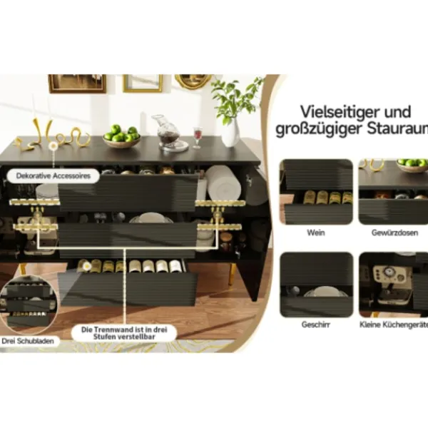Sideboards>Modern svart byrådesign – matsal med gulddetaljer, 3 lådor