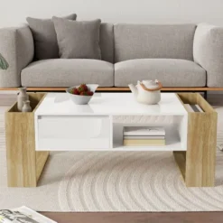 Soffbord>Modernt soffbord 105 x 60 x 40 cm - delvis högblankt, med lådor och öppna fack