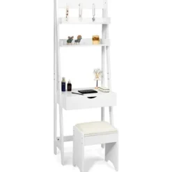 Sminkbord>Modernt spegelsmink-/sminkbord med en pall och 2 hyllor MDF-sminkbord för sovrum