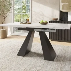 Matbord>Modernt teleskopiskt matbord med kolonnben – utdragbart multifunktionsbord (99–159 × 74 cm) i vitt