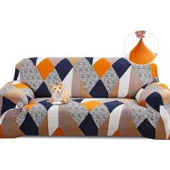 Soffor>Orange Geometri, Stretchigt sofföverdrag 3-sits sofföverdrag med armstöd Modernt Universellt Elastiskt sofföverdrag Soffskydd Skyddsöverdrag