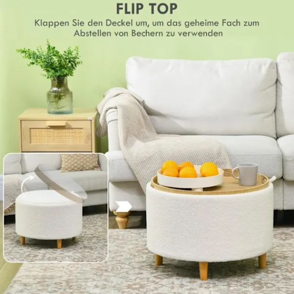 Northio Sittpuffar>Ottomansk Pall Med Förvaringsutrymme, Rund Ottoman Med Fällbart Lock, Träben, Modern, För Vardagsrum, Sovrum, Vit, Ø56 X 42 Cm