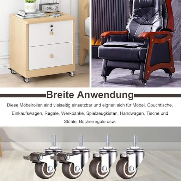AIZHENCHEN Kontorsmöbler>4-pack M8 x 15 mm gängade svängbara hjul med bromsar, 50 mm tysta styrhjul för inomhusmöbler, 360-graders rotation, 2 bromsar