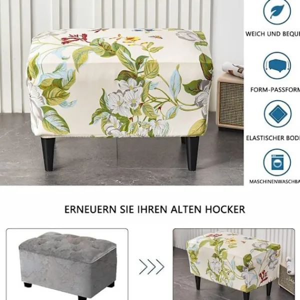 Sittpuffar>Pallöverdrag, Pallöverdrag för Rektangulär Fotpall, Stretchöverdrag Pallöverdrag Pallskydd Tvättbart Pallöverdrag (Blomma och Blad)