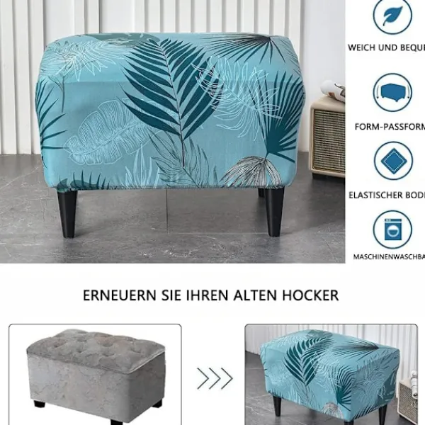 Sittpuffar>Pallöverdrag, Pallöverdrag för rektangulär fotpall, Stretchöverdrag Pallöverdrag Pallskydd Tvättbart pallöverdrag (Havsblå löv)