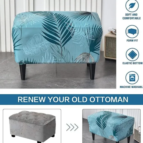 Sittpuffar>1PC (Lake Blue Leaves)Ottoman Cover Rectangular Stretch Ottoman C