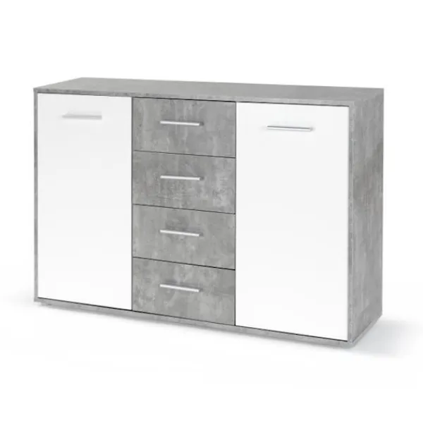 Sideboards>PILVI låg skänk - 2 luckor och 4 lådor - Vit och lätt betong - L 122,6 x D 34,2 x H 81,1 cm