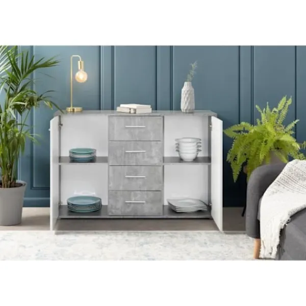 Sideboards>PILVI låg skänk - 2 luckor och 4 lådor - Vit och lätt betong - L 122,6 x D 34,2 x H 81,1 cm