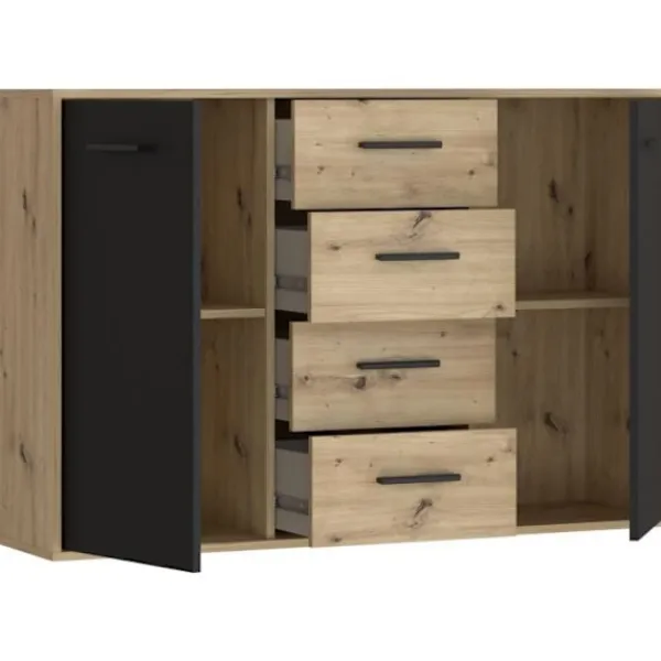 Sideboards>PILVI skänk - Modern stil - Melaminpartiklar - Ek och svart dekor - 2 luckor + 4 lådor - L 122,6 x D 34,2 x H 81,7 cm | Fyndiq