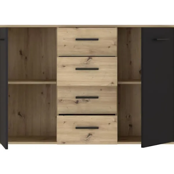 Sideboards>PILVI skänk - Modern stil - Melaminpartiklar - Ek och svart dekor - 2 luckor + 4 lådor - L 122,6 x D 34,2 x H 81,7 cm | Fyndiq