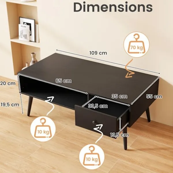 COSTWAY Soffbord>Rektangulär Kaffeebord , 1 Låda och Öppen Förvaringshylla, Salong Bord 109 x 55 cm, för Sovrum Kontor,