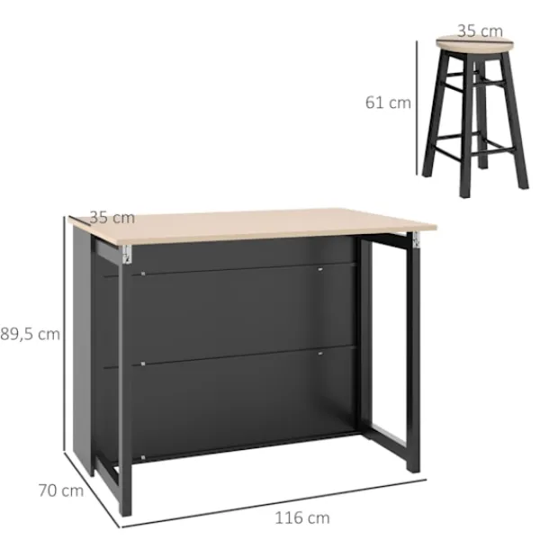 Rootz Living Köksö>Rootz 3 Piece Barset - Bar Table Set - Foldbar matuppsättning - 6 förvaringsfack - 116x70x89,5 cm