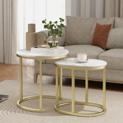 Rootz Living Småbord>Rootz 2 set marmor look soffbord - oval och rund sidobord - stapelbara bord - rymdbesparande design - Ø50 x 50,5 cm, 60 x 36 x 43,5 cm