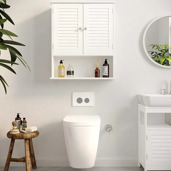 Rootz Living Skåp>Rootz badrumsskåp - Förvaringsskåp - Hygienarrangör - Vit MDF - 60 cm x 20 cm x 70 cm - Öppet fack - Justerbar hylla - Förkromade knoppar