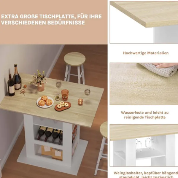 Rootz Living Matbord>Rootz Bart -bord med förvaring - Hemstångsbord - Multifunktionsbänk - 2 glashållare - 105 cm x 94 cm x 68 cm - brun, vit