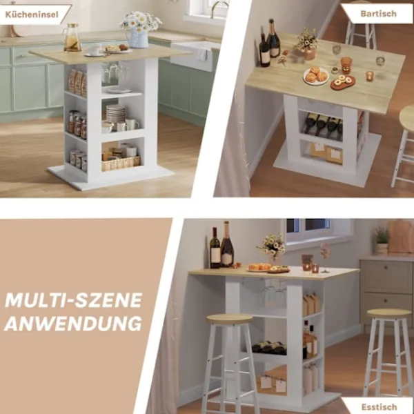 Rootz Living Matbord>Rootz Bart -bord med förvaring - Hemstångsbord - Multifunktionsbänk - 2 glashållare - 105 cm x 94 cm x 68 cm - brun, vit