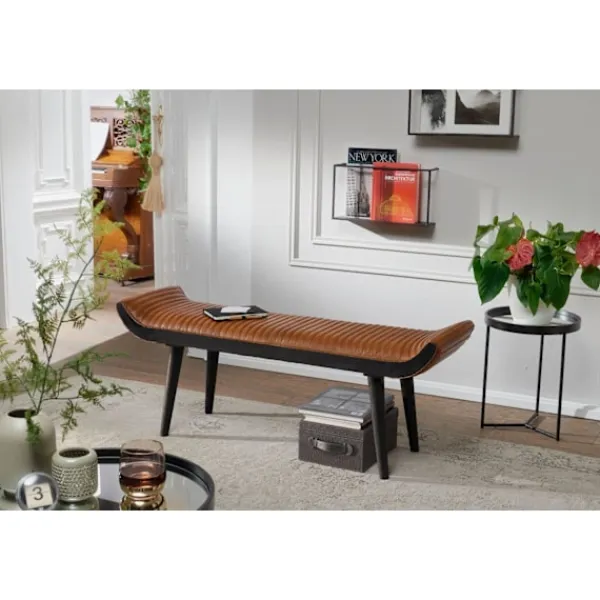 Rootz Living Balkongmöbler>Rootz bänk äkta läder - massiv trä bänk brun 125x51x38 cm modern - Design stoppad bänk hall Läder bänk säng bänk 2 personer - Hall bänk modern