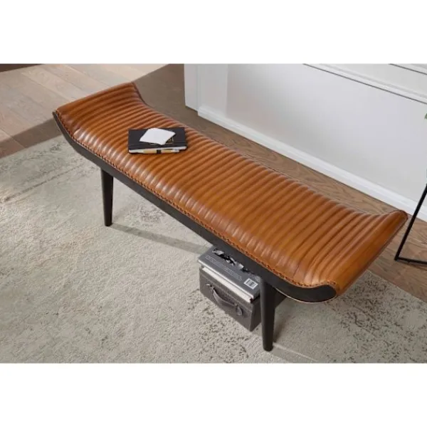 Rootz Living Balkongmöbler>Rootz bänk äkta läder - massiv trä bänk brun 125x51x38 cm modern - Design stoppad bänk hall Läder bänk säng bänk 2 personer - Hall bänk modern