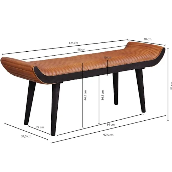 Rootz Living Balkongmöbler>Rootz bänk äkta läder - massiv trä bänk brun 125x51x38 cm modern - Design stoppad bänk hall Läder bänk säng bänk 2 personer - Hall bänk modern