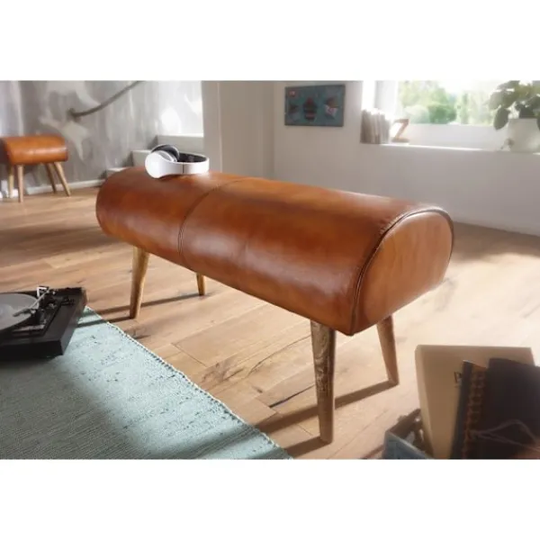 Rootz Living Balkongmöbler>Rootz bänk äkta läder - massivt trä bänk 100x53x40 cm - 2-sits stoppad bänk hall springbok brun - Liten läder sängbänk Hall möbel hall bänk
