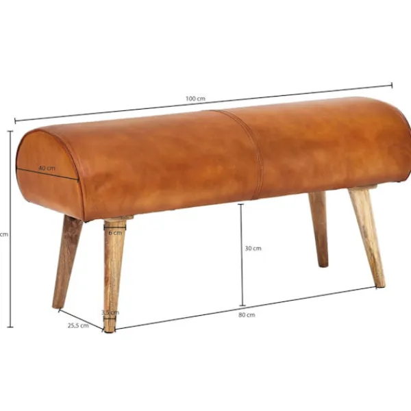 Rootz Living Balkongmöbler>Rootz bänk äkta läder - massivt trä bänk 100x53x40 cm - 2-sits stoppad bänk hall springbok brun - Liten läder sängbänk Hall möbel hall bänk
