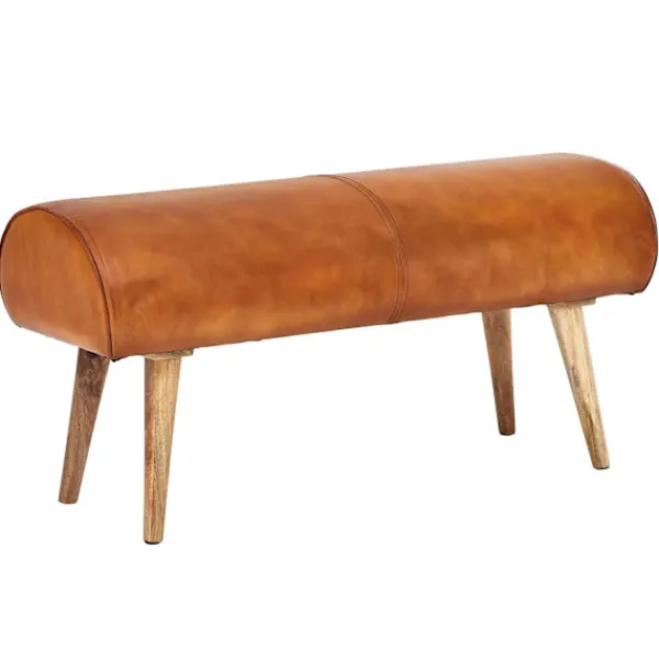Rootz Living Balkongmöbler>Rootz bänk äkta läder - massivt trä bänk 100x53x40 cm - 2-sits stoppad bänk hall springbok brun - Liten läder sängbänk Hall möbel hall bänk