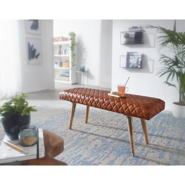 Rootz Living Balkongmöbler>Rootz bänk äkta läder - massivt trä bänk 115x53x38 cm - 2 sits klädd bänk hall matsal brun - Liten läder sängbänk Hall möbel hall bänk