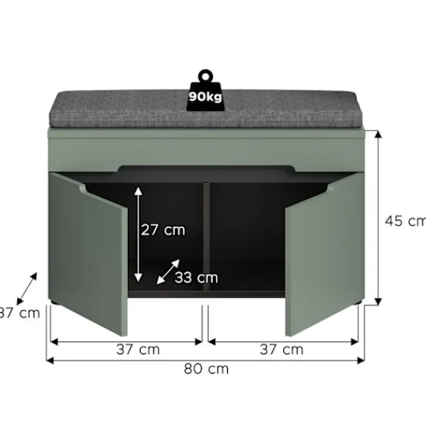 Rootz Living Balkongmöbler>Rootz -bänk med sittdyna - Entryway -sittplatser - Hallbänk - Förbättrad komfort - Grön - 80x45x37 cm
