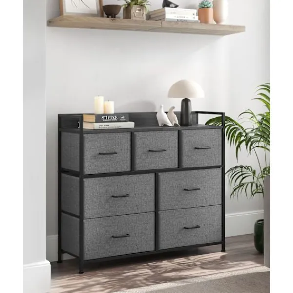 Rootz Living Byråer>Rootz byrå med 3 lådor - Förvaringsskåp - Gråsvart träsäde - Spånskiva stål ovävt tyg - Stora lådor - 28,5 cm x 98 cm x 85 cm - 12,8 kg Vikt - 36 kg T | Fyndiq
