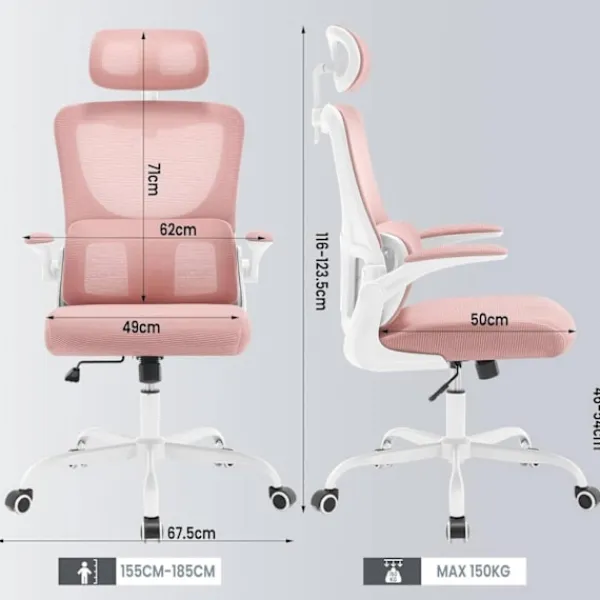 Rootz Living Kontorsmöbler>Rootz Ergonomic Office Chair - Mesh Swivel Chair - Datorstol - Svankstöd - Justerbart nackstöd - 62cm x 116-123,5cm x 69,5cm