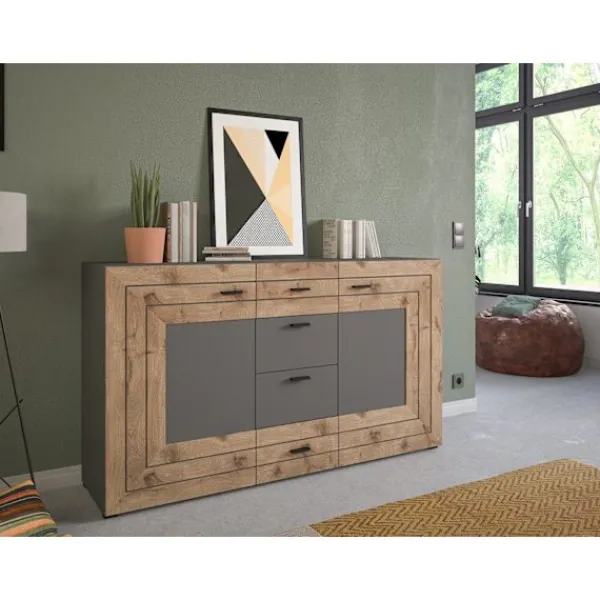 Rootz Living Sideboards>Rootz Freno Sideboard - Trämaterial - Grå replik - Nox Oak Replica - 160 x 90 x 40 cm - 2 dörrar - 4 lådor - 4 hyllor
