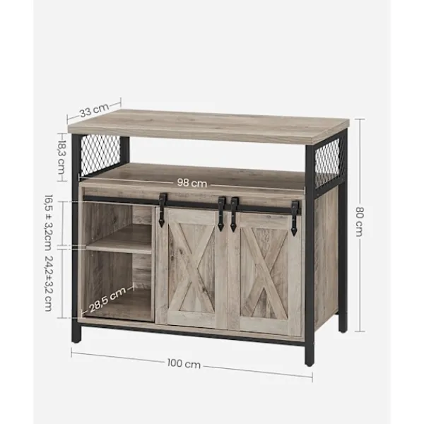 Rootz Living Sideboards>Rootz Greige svart skänk - Spånskiva stålskåp - Förvaringsenhet - Justerbara hyllor - 33cm x 100cm x 80cm