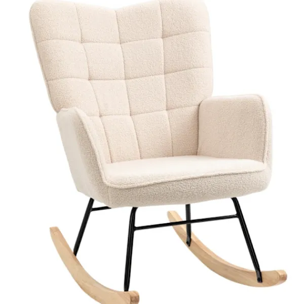 Rootz Living Fåtöljer>Rootz gungstol - Retro massivt trä - Klädd stol - Krämvit - 71cm x 92cm x 101cm