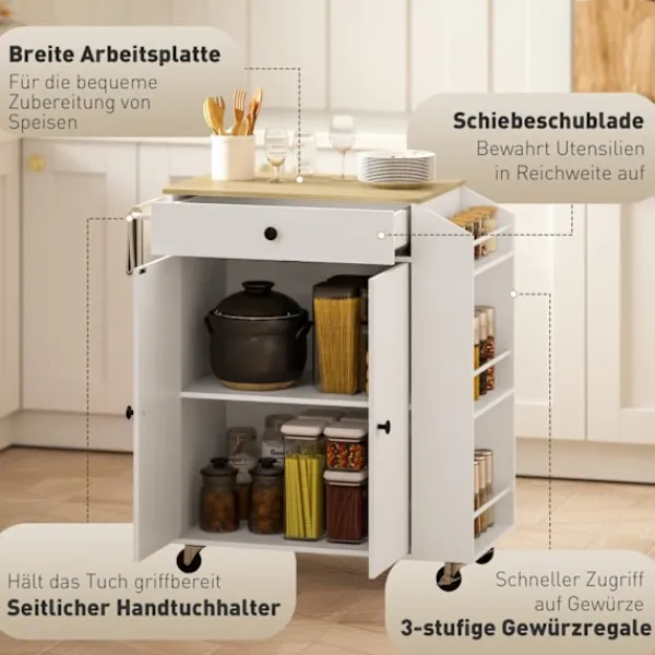 Rootz Living Köksö>Rootz Kitchen Cart with Drawer - Mobile Storage - Versatile Trolley - Justerbara hyllor - 82 x 38 x 86,5 cm - Vit och brunt