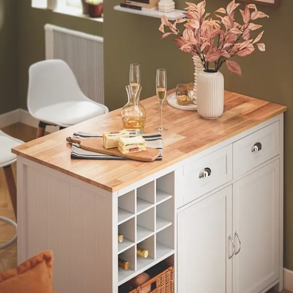 Rootz Living Köksö>Rootz Kitchen Island - Barbord - Beverage Station - Förvaringsskåp - Rubberwood Top - 120cm x 90cm x 56cm