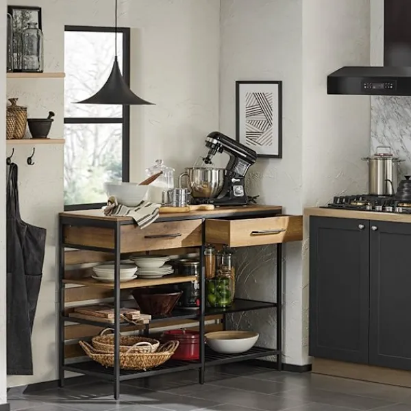 Rootz Living Köksö>Rootz Kitchen Island - Kökshylla - Kommod - Barbord - Vintagestil - Rymlig förvaring med 5 fack & 2 lådor - Robust metallram - Justerbara fötter - Enk | Fyndiq