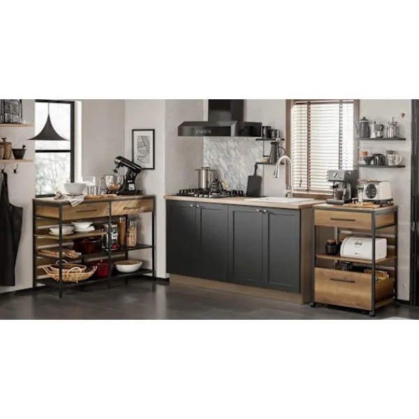 Rootz Living Köksö>Rootz Kitchen Island - Kökshylla - Kommod - Barbord - Vintagestil - Rymlig förvaring med 5 fack & 2 lådor - Robust metallram - Justerbara fötter - Enk | Fyndiq