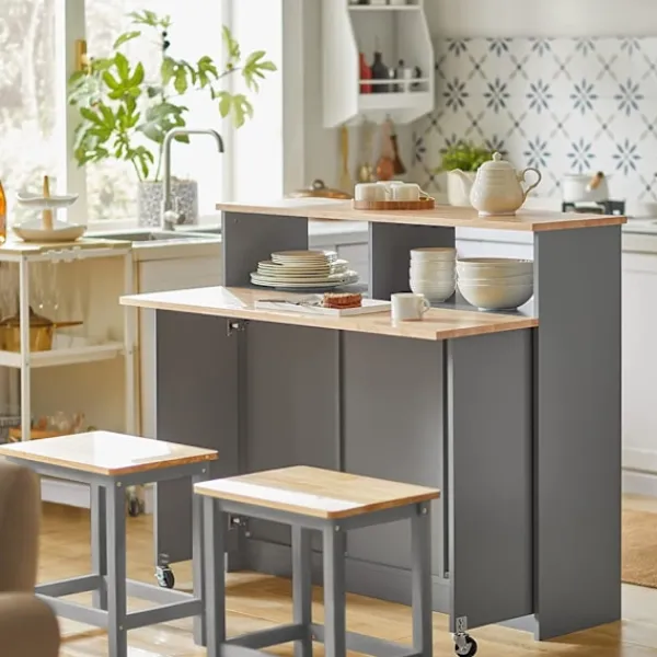 Rootz Living Köksö>Rootz Kitchen Island - Skänk med 2 skjutdörrar och vikbar bänkskiva - Kök Matsal - Skänk Förvaringsskåp - Skåp