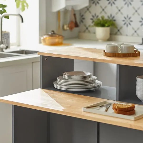 Rootz Living Köksö>Rootz Kitchen Island - Skänk med 2 skjutdörrar och vikbar bänkskiva - Kök Matsal - Skänk Förvaringsskåp - Skåp
