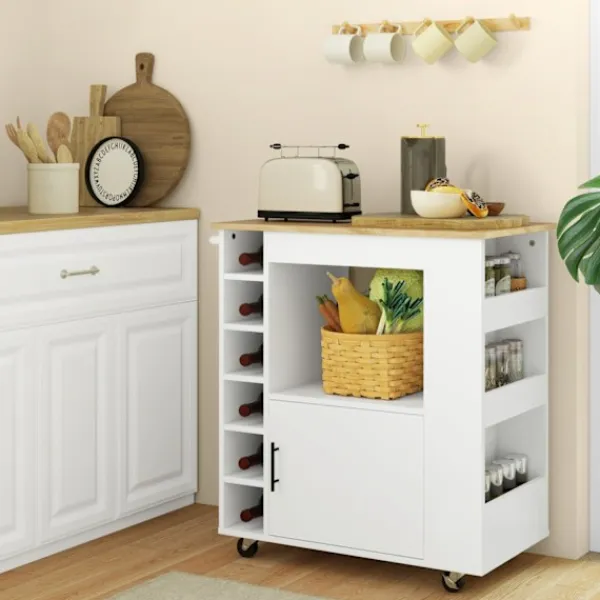 Rootz Living Köksö>Rootz Kitchen Trolley - Rolling Island - Portable Cart - Wine Racks & Storage - Rubberwood Top - 83L X 40W X 83H CM
