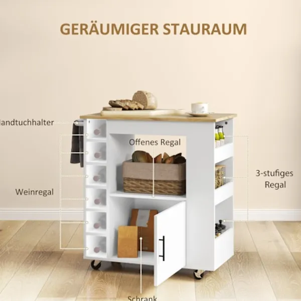 Rootz Living Köksö>Rootz Kitchen Trolley - Rolling Island - Portable Cart - Wine Racks & Storage - Rubberwood Top - 83L X 40W X 83H CM