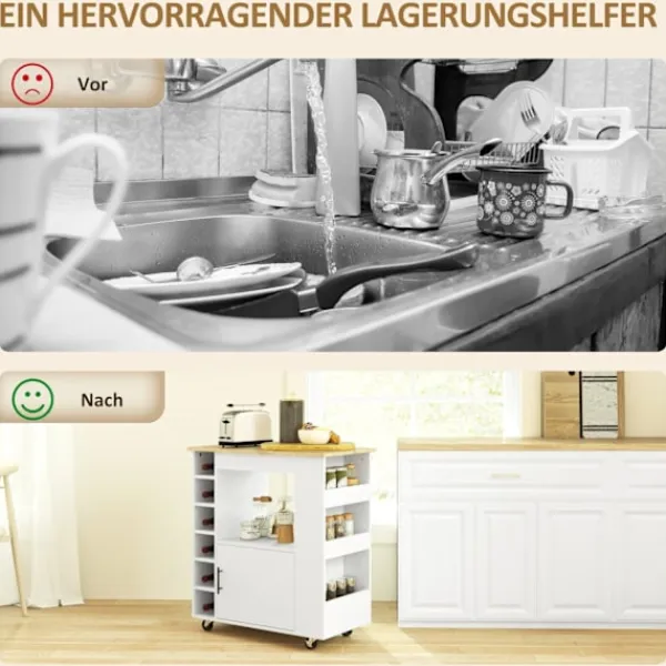 Rootz Living Köksö>Rootz Kitchen Trolley - Rolling Island - Portable Cart - Wine Racks & Storage - Rubberwood Top - 83L X 40W X 83H CM