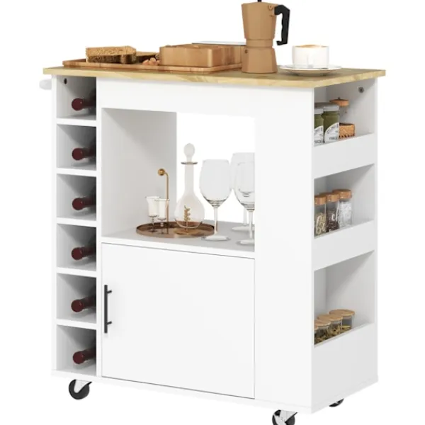 Rootz Living Köksö>Rootz Kitchen Trolley - Rolling Island - Portable Cart - Wine Racks & Storage - Rubberwood Top - 83L X 40W X 83H CM