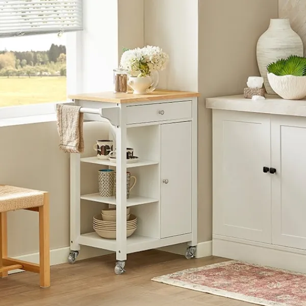 Rootz Living Köksö>Rootz Kitchen Trolley Cart - Serveringsvagn - Mobil köksö - Spånskiva & MDF-konstruktion - Mångsidig förvaring med låda, hyllor & handdukshållare - Ea | Fyndiq