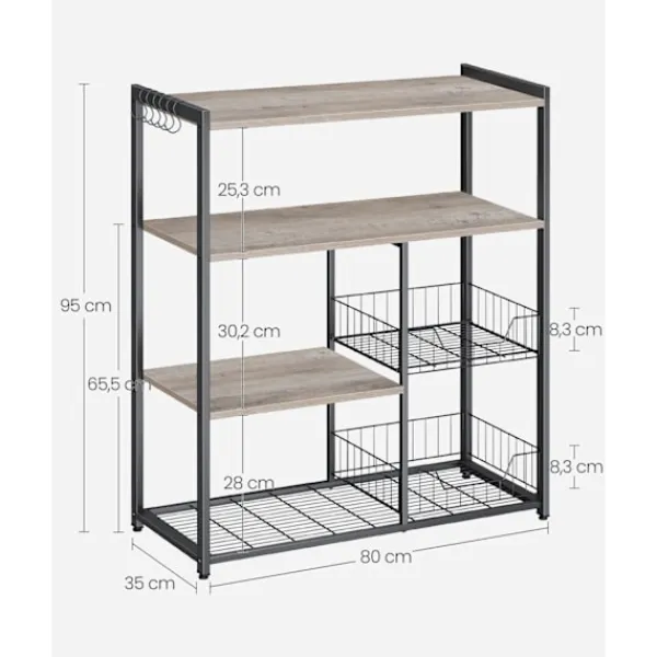 Rootz Living Köksö>Rootz Kökshylla - Organiseringsställ - Förvaringsenhet - Spånskiva stål - Greige Svart - 35cm x 80cm x 95cm - 20kg Kapacitet