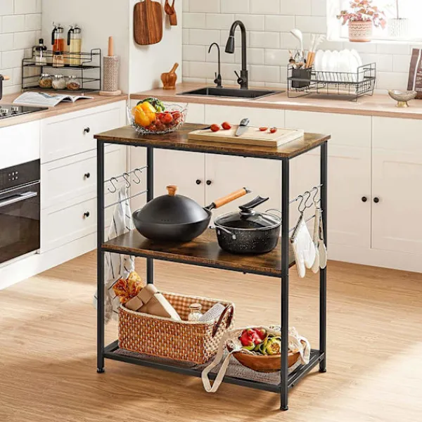 Rootz Living Köksö>Rootz Köksställ - Skänk - Förvaringsställ - 3 hyllor - 6 krokar - Bearbetat trä - Metall - Industriell - 80 x 40 x 90 cm