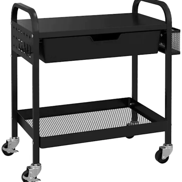 Rootz Living Köksö>Rootz Köksvagn - 1 låda - Sidokrokar - 1 Hylla - 4 Hjul - Liten korg - Multifunktionsvagn - Plast+stål - Svart - 61L x 32,6W x 58,5Hcm